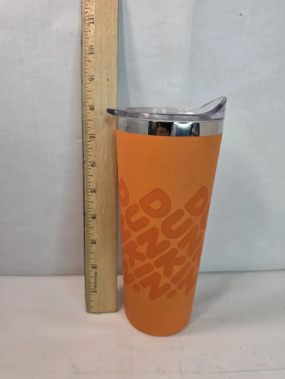 Dunkin' 20 oz Insulated Stainless Steel Tumbler, vibrant orange soft touch grip.
